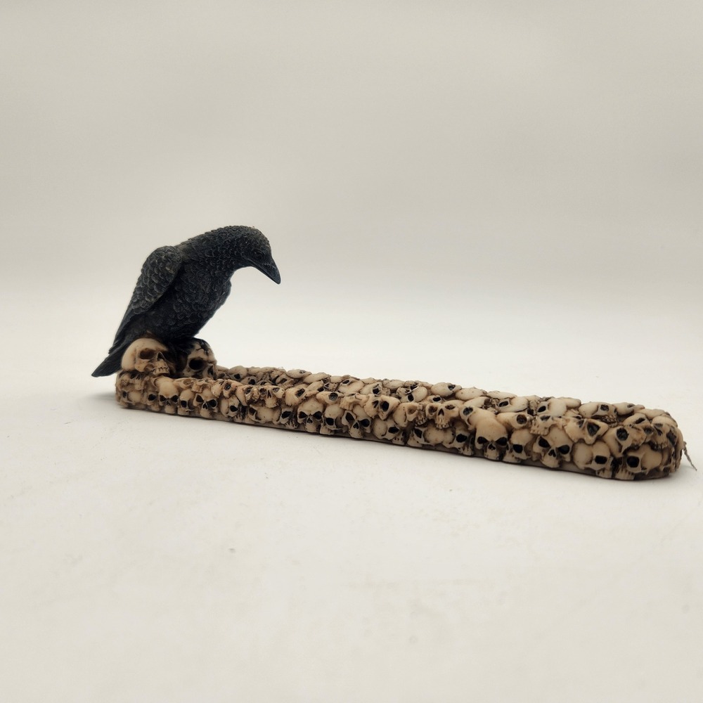Gothic Raven Crow on Human Skulls Incense Burner Holder Resin Macabre Decor - Picture 10 of 12